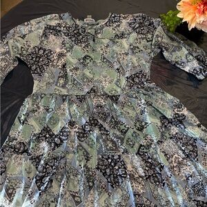 Patterned Tiered Dress in Mint, Black & White